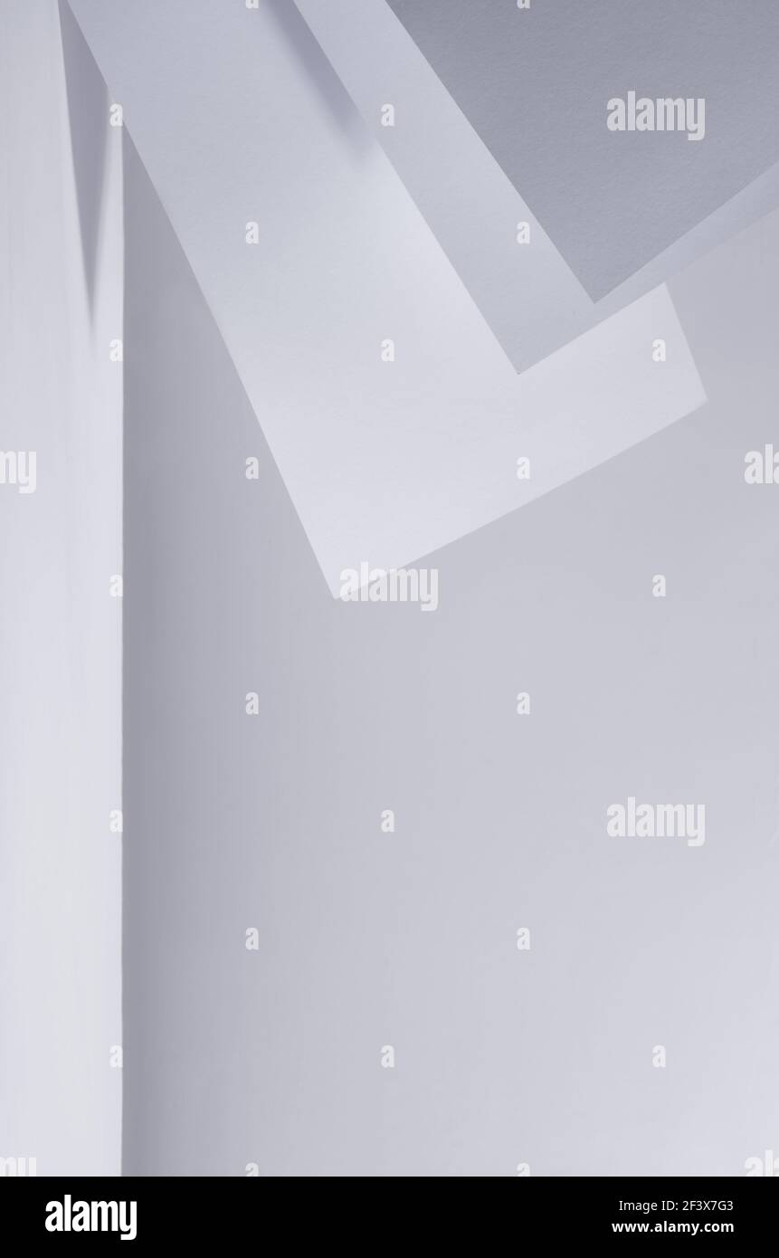 Arrière-plan minimaliste gris blanc abstrait avec des feuilles asymétriques avec perspective, lumière et ombre, bandes comme bordure, vertical. Banque D'Images