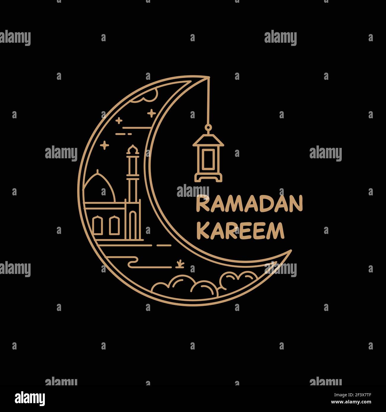illustration d'une mosquée à l'intérieur du croissant de lune du thème du ramadan. Concept de style monoline isolé sur fond sombre. Illustration de Vecteur
