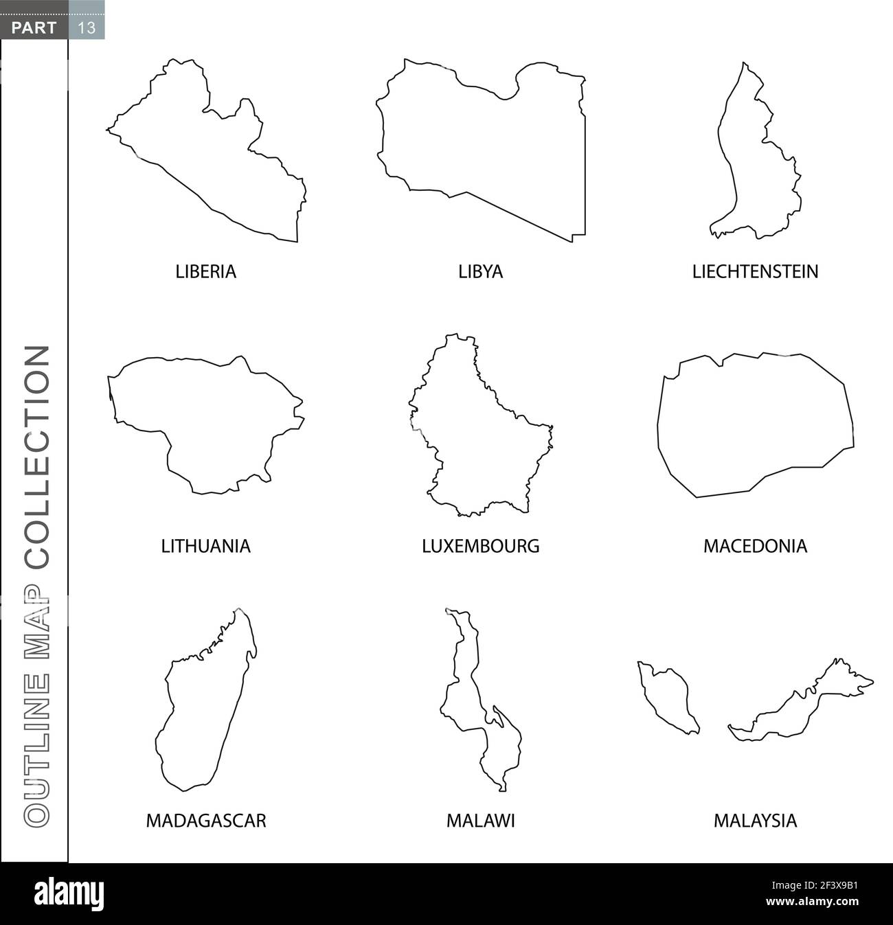 Collection de cartes vectorielles, neuf cartes vectorielles noires du Libéria, de la Libye, du Liechtenstein, de la Lituanie, du Luxembourg, Macédoine, Madagascar, Malawi, Malaisie Illustration de Vecteur