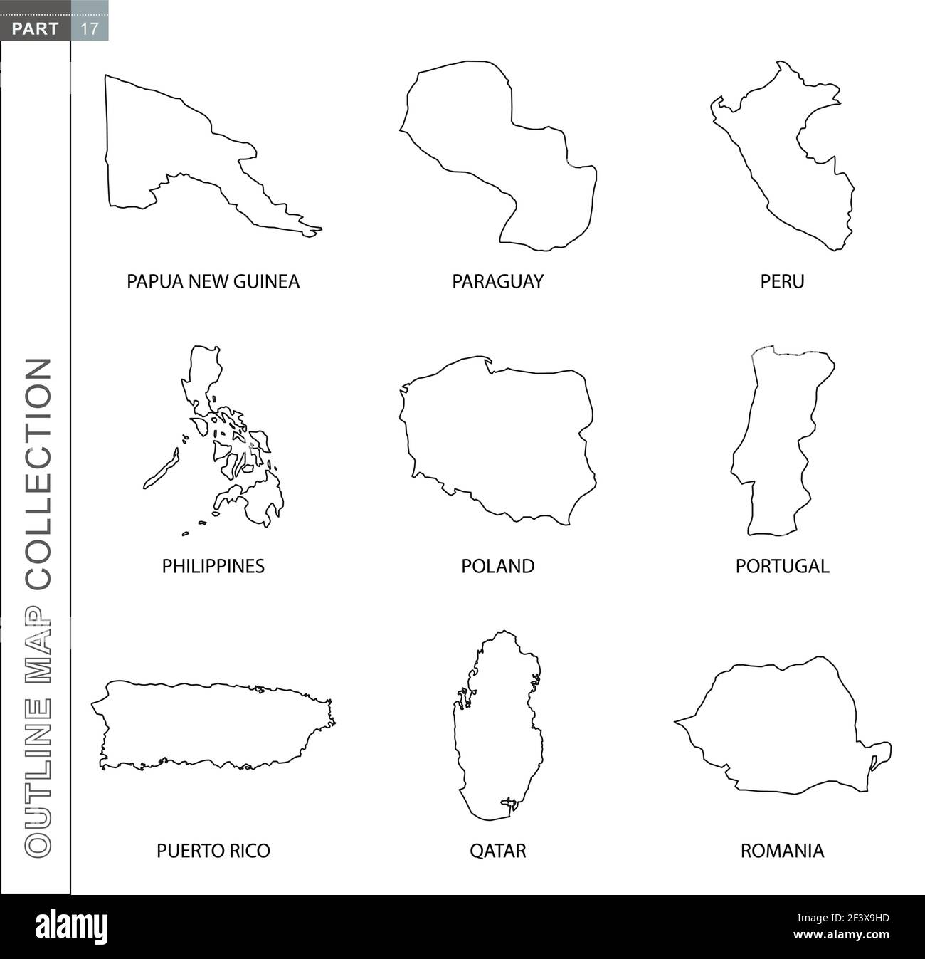 Collection de cartes vectorielles, neuf cartes vectorielles à lignes noires de Papouasie-Nouvelle-Guinée, du Paraguay, du Pérou, des Philippines, de la Pologne, Portugal, Porto Rico, Qatar, Roumanie Illustration de Vecteur