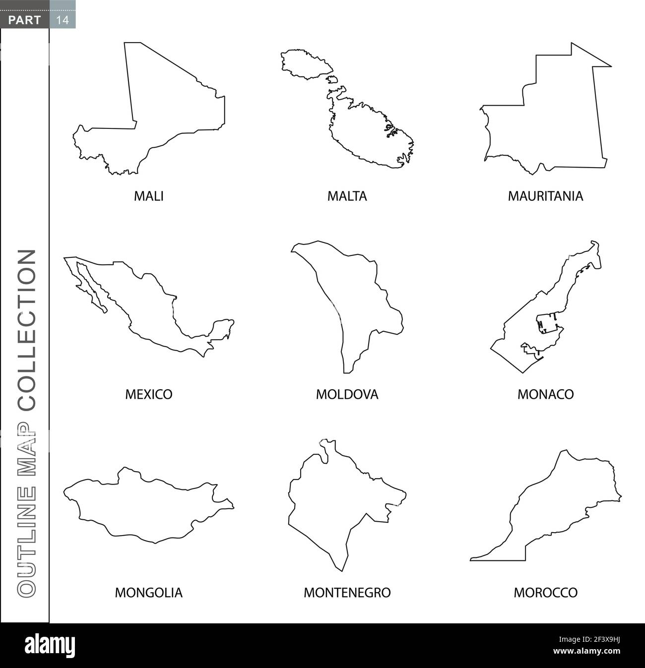 Collection cartes vectorielles, neuf cartes vectorielles noires du Mali, Malte, Mauritanie, Mexique, Moldova, Monaco, Mongolie, Monténégro, Maroc Illustration de Vecteur