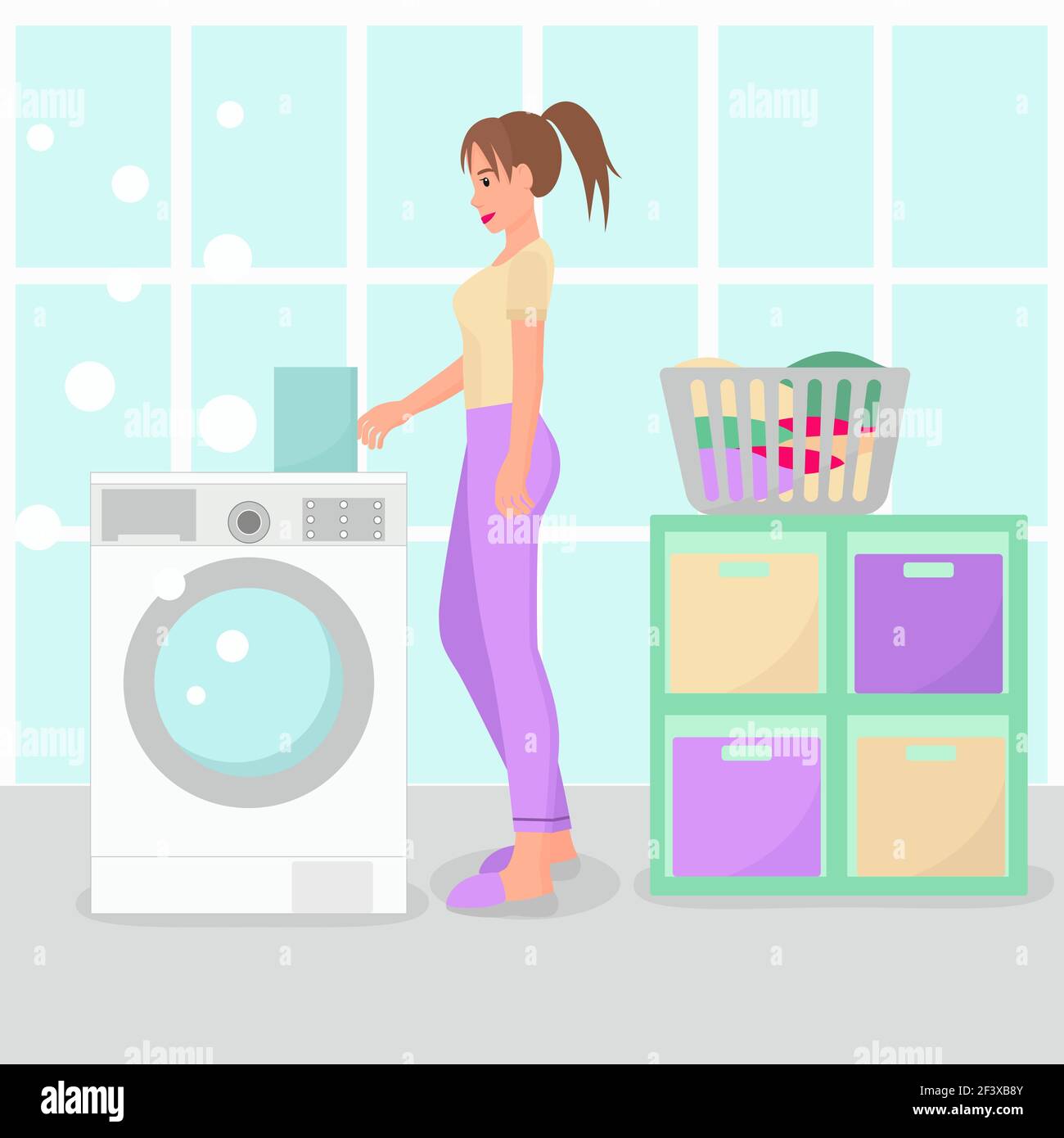 La fille lave les choses, vecteur. Une jeune femme lave les vêtements à la maison dans le lave-linge. Concept, salle de bains. Illustration de Vecteur