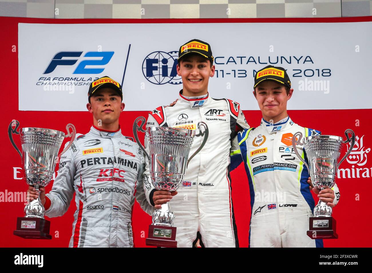 Podium course 1: RUSSELL George, Grand Prix d'Art, DE VRIES Nyck, Pertamina Prema Theodore Racing, NORRIS Lando, Carlin, podium, pendant le championnat FIA Formule 2 2018, Grand Prix d'Espagne, à Barcelone Catalunya du 10 au 13 mai - photo Sebastiaan Rozendaal / DPPI Banque D'Images