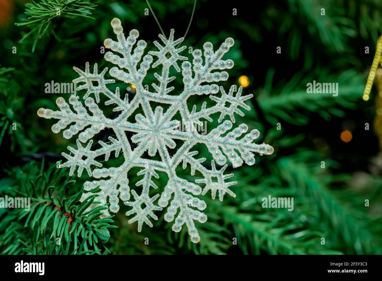 Flocons de neige décorés sur un pin pour les fêtes de Noël. Banque D'Images