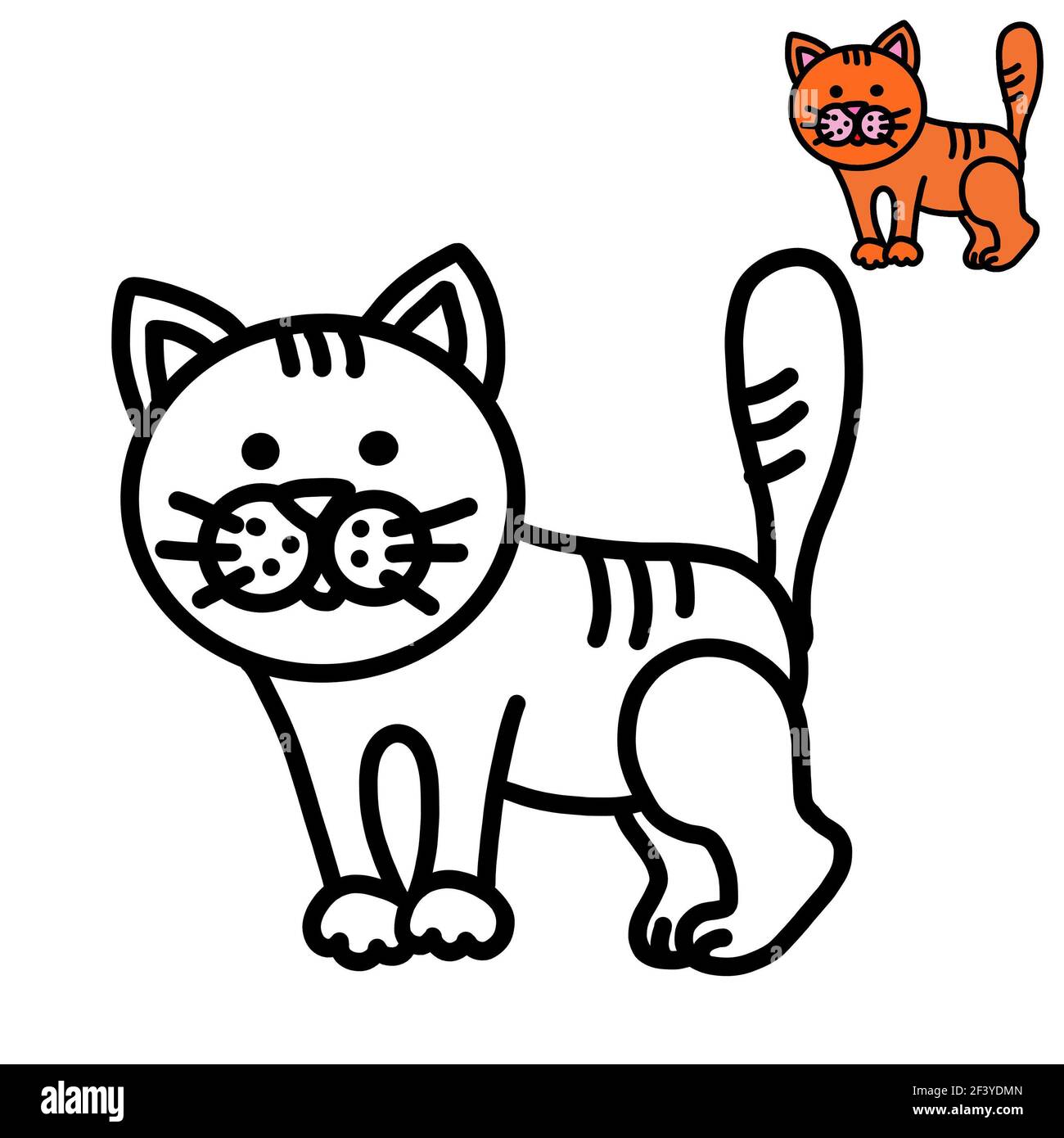 Une page de coloriage pour les enfants avec un contour épais et un échantillon de la façon de colorer, un chat Banque D'Images
