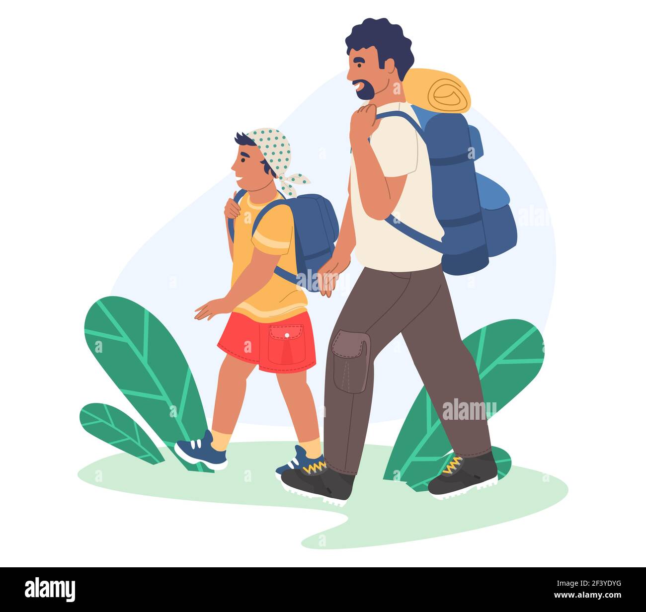 Joyeux père et fils randonnée, voyage ensemble, illustration vectorielle plate. Relation parent-enfant. Activités de plein air. Illustration de Vecteur