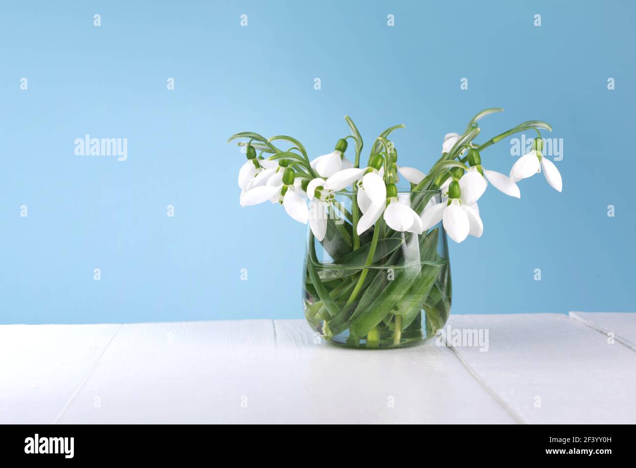 Gros plan sur des gouttes de neige fraîches dans un vase en verre sur un table en bois Banque D'Images