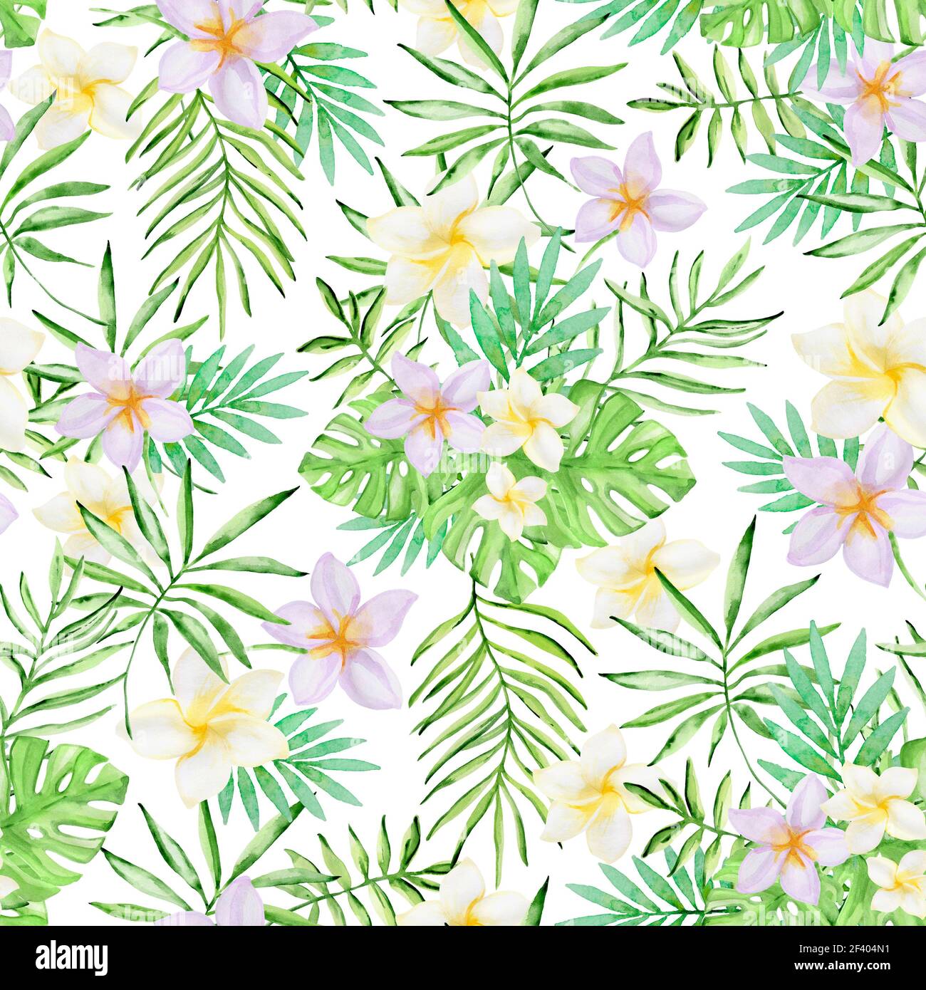 Motif aquarelle d'été sans couture avec fleurs tropicales et feuilles de palmier vertes sur fond blanc. Motif avec fleurs tropicales et feuilles de palmier vertes Banque D'Images