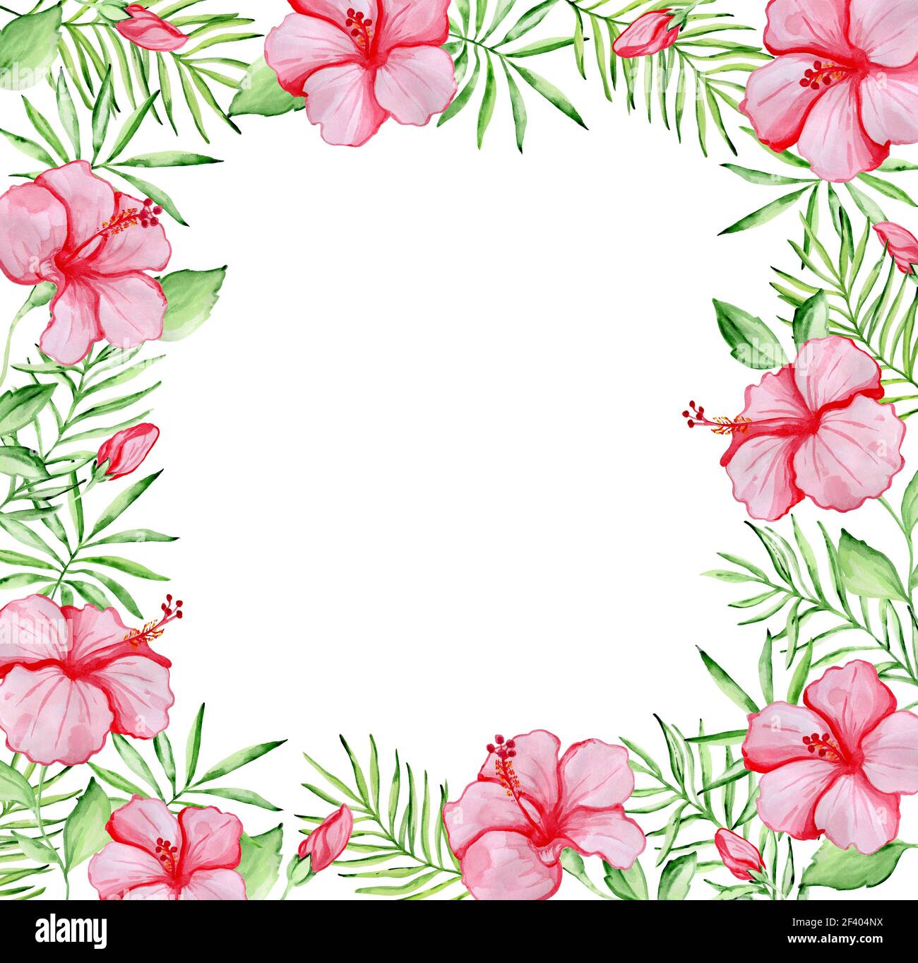 Cadre floral tropical aquarelle avec fleurs d'hibiscus rouges et feuilles de palmier vertes sur fond blanc. Cadre fleuri avec fleurs d'hibiscus rouges Banque D'Images