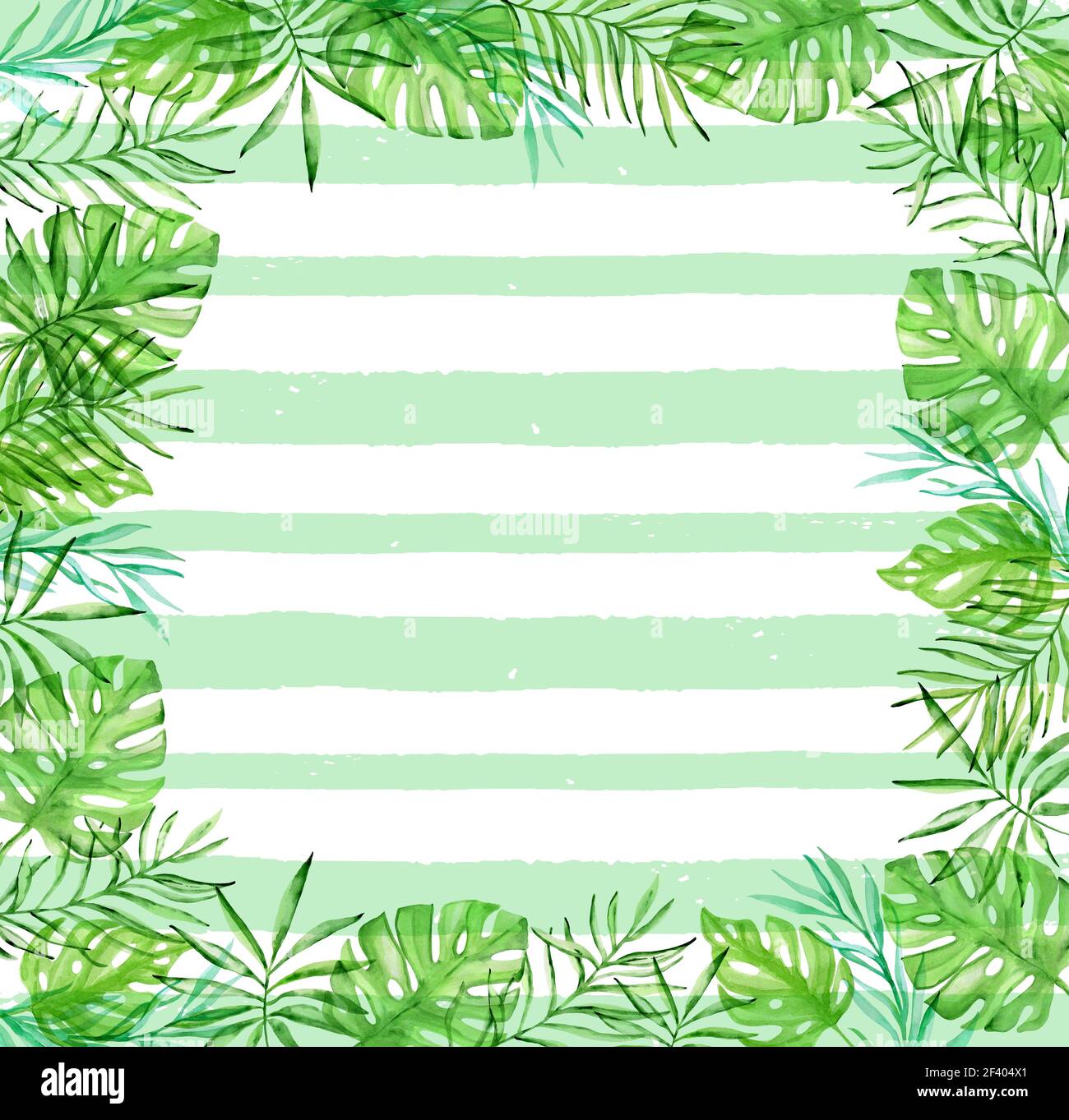 Cadre floral tropical aquarelle avec feuilles de palmier et lignes vertes sur fond blanc. Fond floral avec feuilles de palmier Banque D'Images