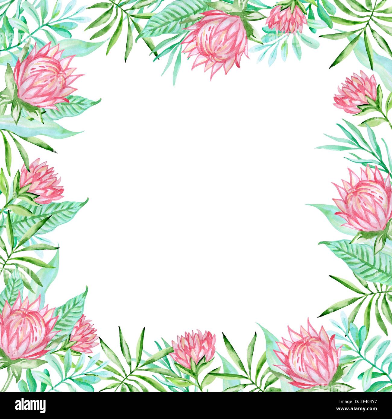 Cadre floral d'été aquarelle avec fleurs tropicales roses et feuilles de palmier vertes sur fond blanc. Arrière-plan tropical aquarelle avec fleurs Banque D'Images