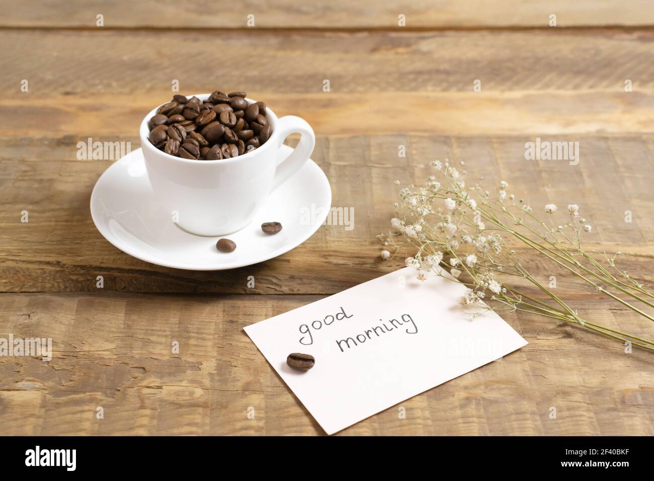 Bonjour Carte Avec Tasse De Cafe Noir Et Un Croissant Francais Photo Stock Alamy