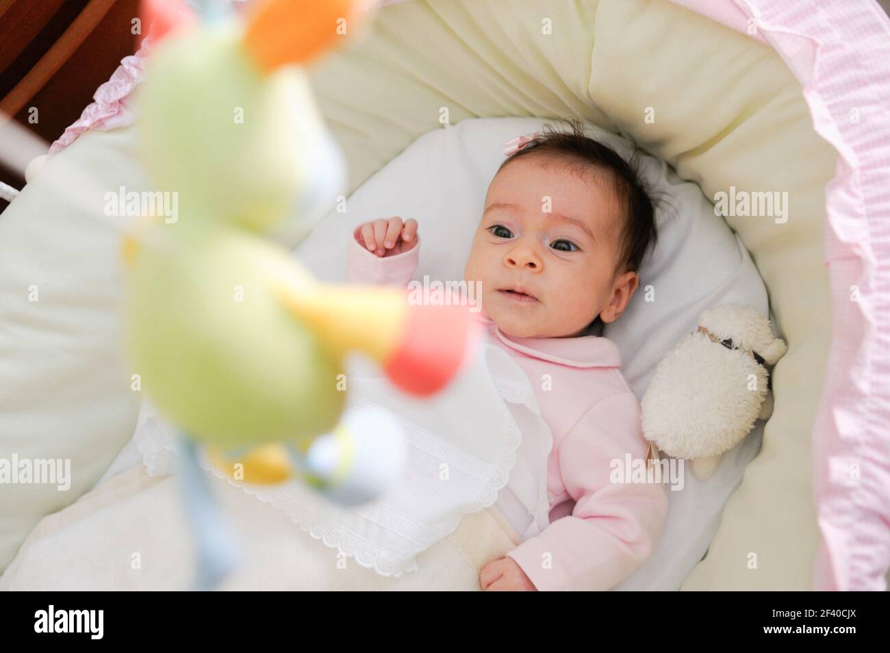 Bébé fille 2 mois à à une poupée dans son berceau Banque D'Images