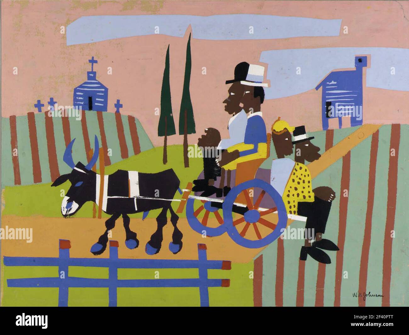 Oeuvre William H Johnson intitulée aller à l'église. Œuvres d'art colorées de la famille afro-américaine voyageant en boeufs et en charrette jusqu'à l'église sur la colline. Banque D'Images