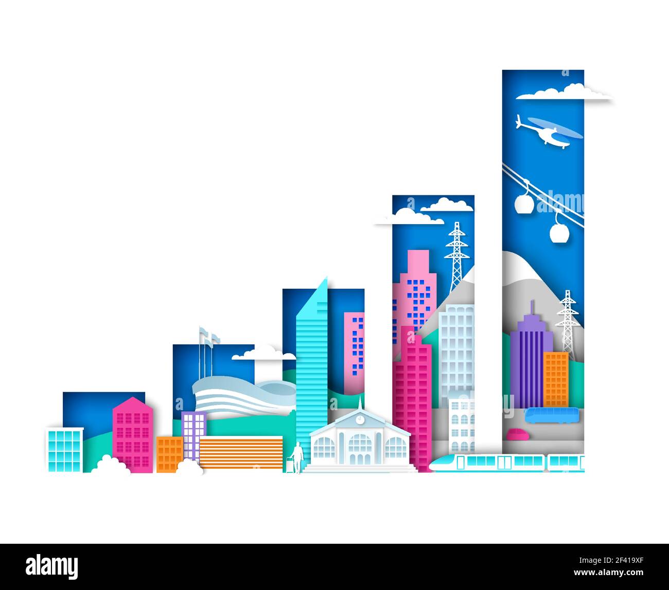 Graphique à barres en relief avec éléments urbains, paysage urbain.Illustration vectorielle en style art papier. Développement urbain moderne. Illustration de Vecteur