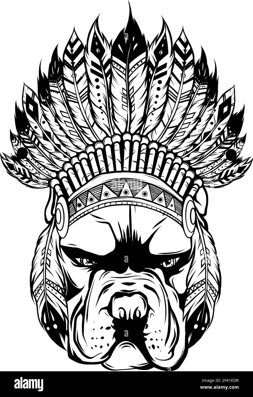 Dessinez en noir et blanc de la tête de chien de Pitbull avec un chapeau indien, illustration vectorielle Illustration de Vecteur