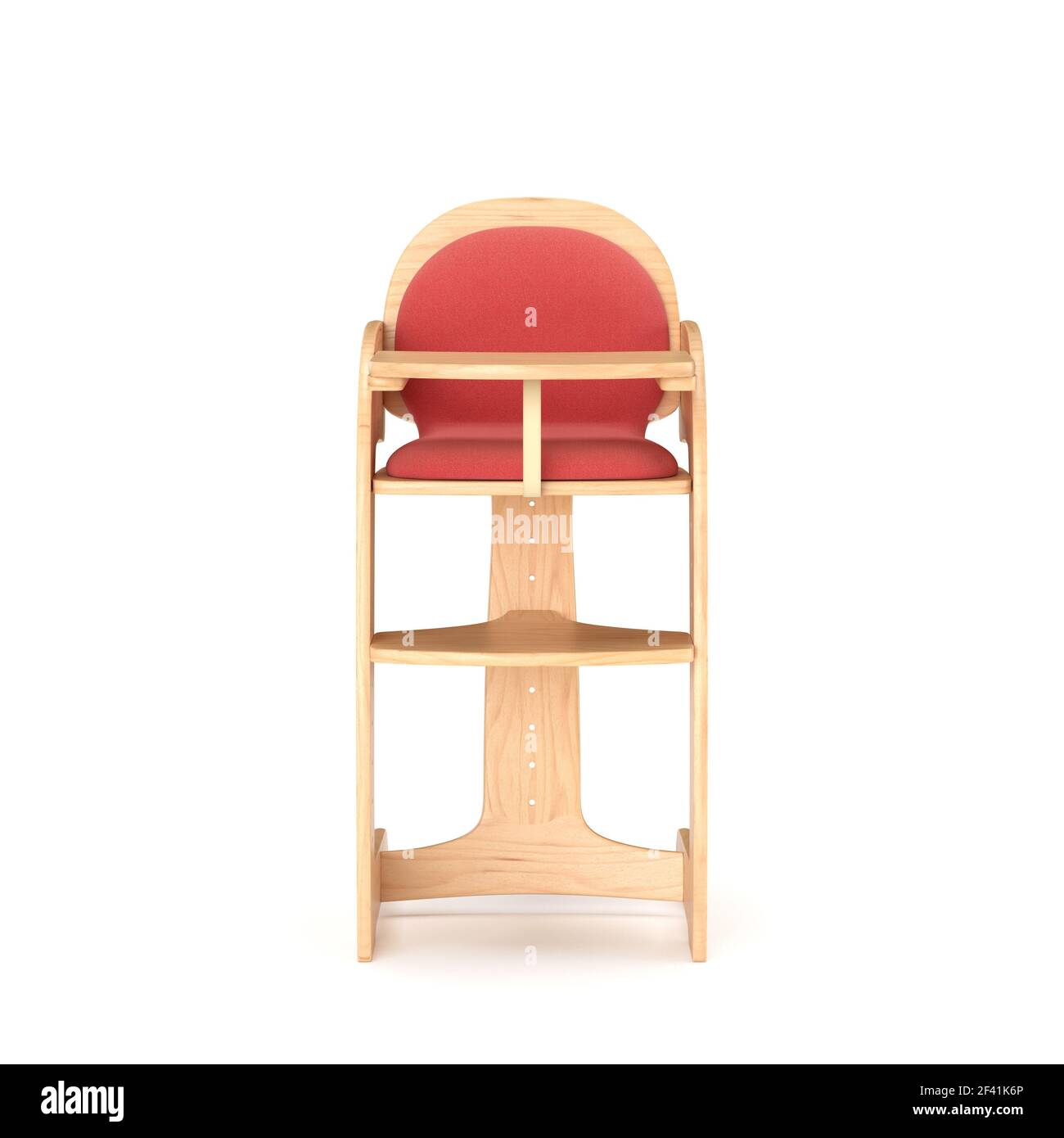 illustration 3d de chaise haute en bois avec coussin rouge pour bébé et bébé isolés sur la vue avant blanche Banque D'Images