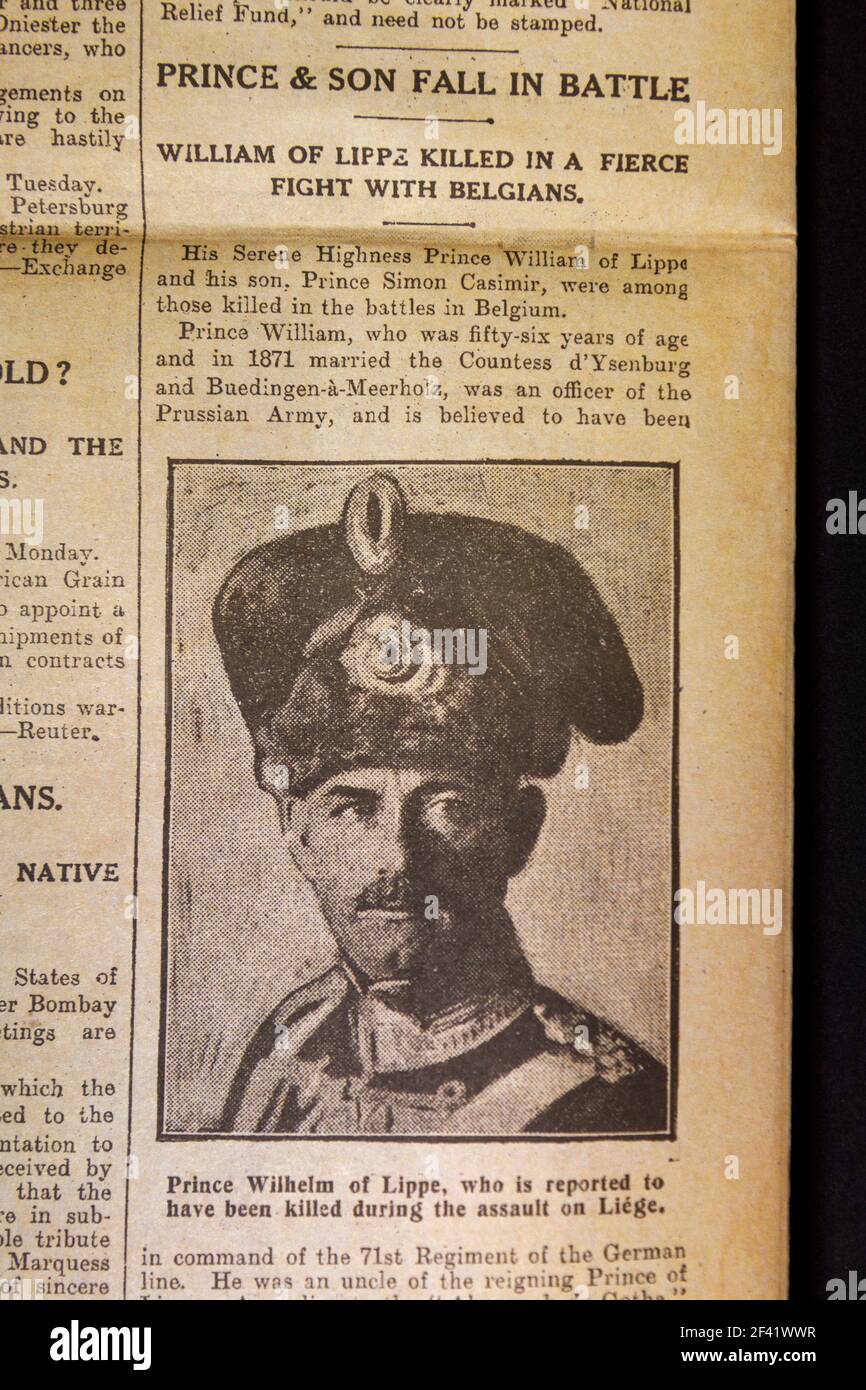 William de Lippz tué au début de la première Guerre mondiale, le magazine de la guerre 'The Daily Graphic' (12 août 1914), réplique de souvenirs de l'époque de la première Guerre mondiale. Banque D'Images