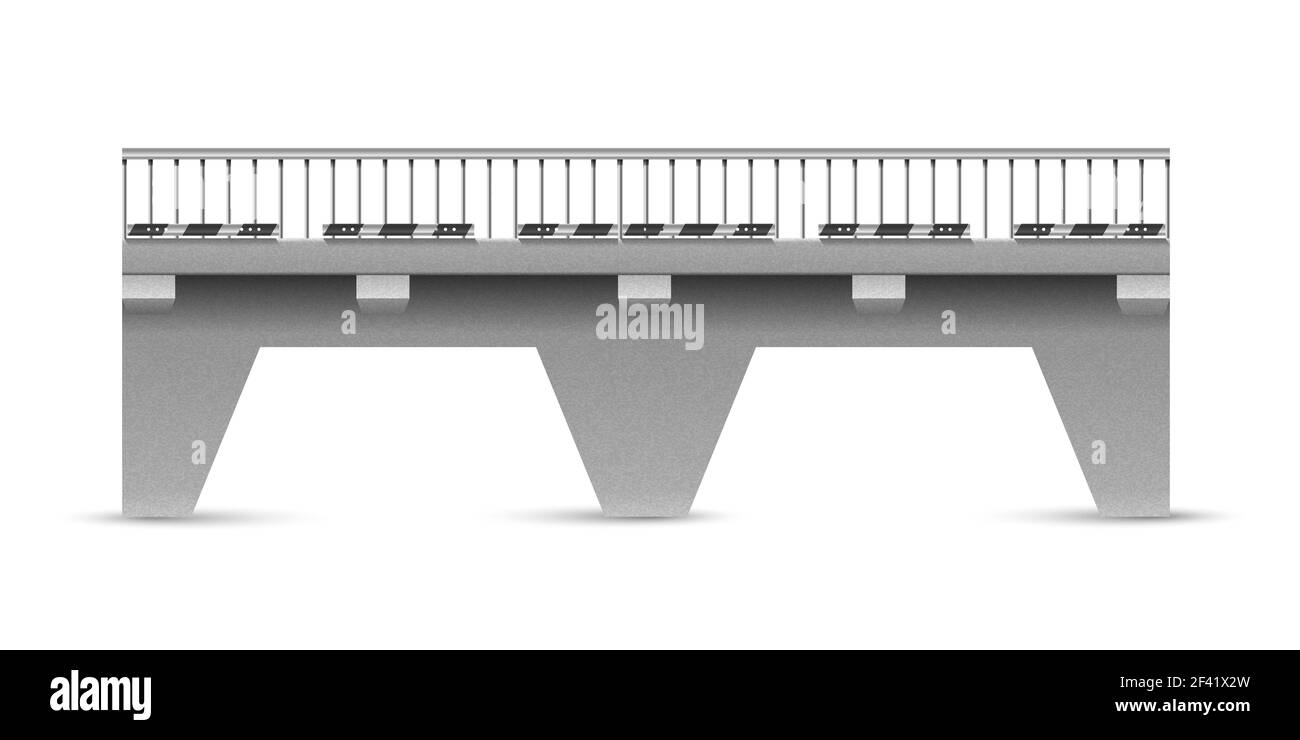 Pont en béton de la route vectorielle sur fond blanc. La portée du pont avec les panneaux de signalisation. Pont de route abstrait. Illustration du vecteur de stock. Banque D'Images