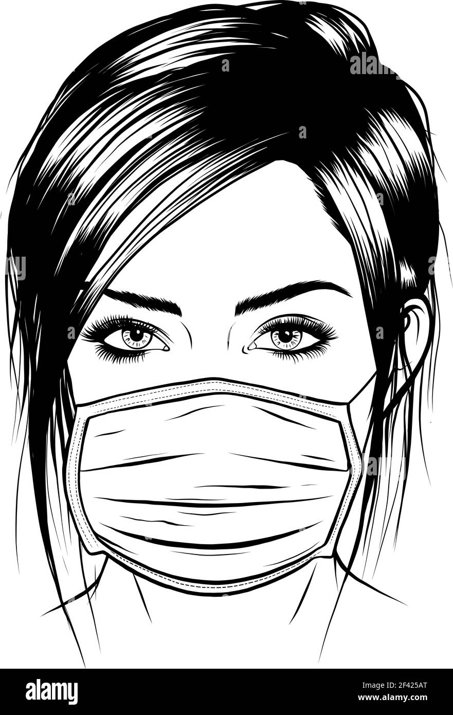 dessiner en noir et blanc de la fille avec un masque chirurgical médical.  Illustration vectorielle Image Vectorielle Stock - Alamy