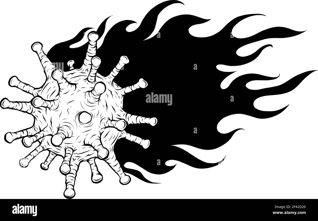 dessiner en noir et blanc du virus corona sur le feu illustration vectorielle Illustration de Vecteur
