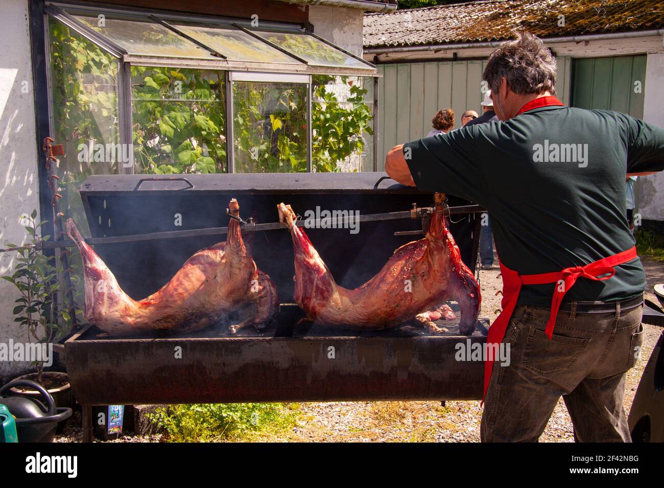 Homme avec un tablier rouge torréfaction lente de deux cochons entiers un gril Banque D'Images