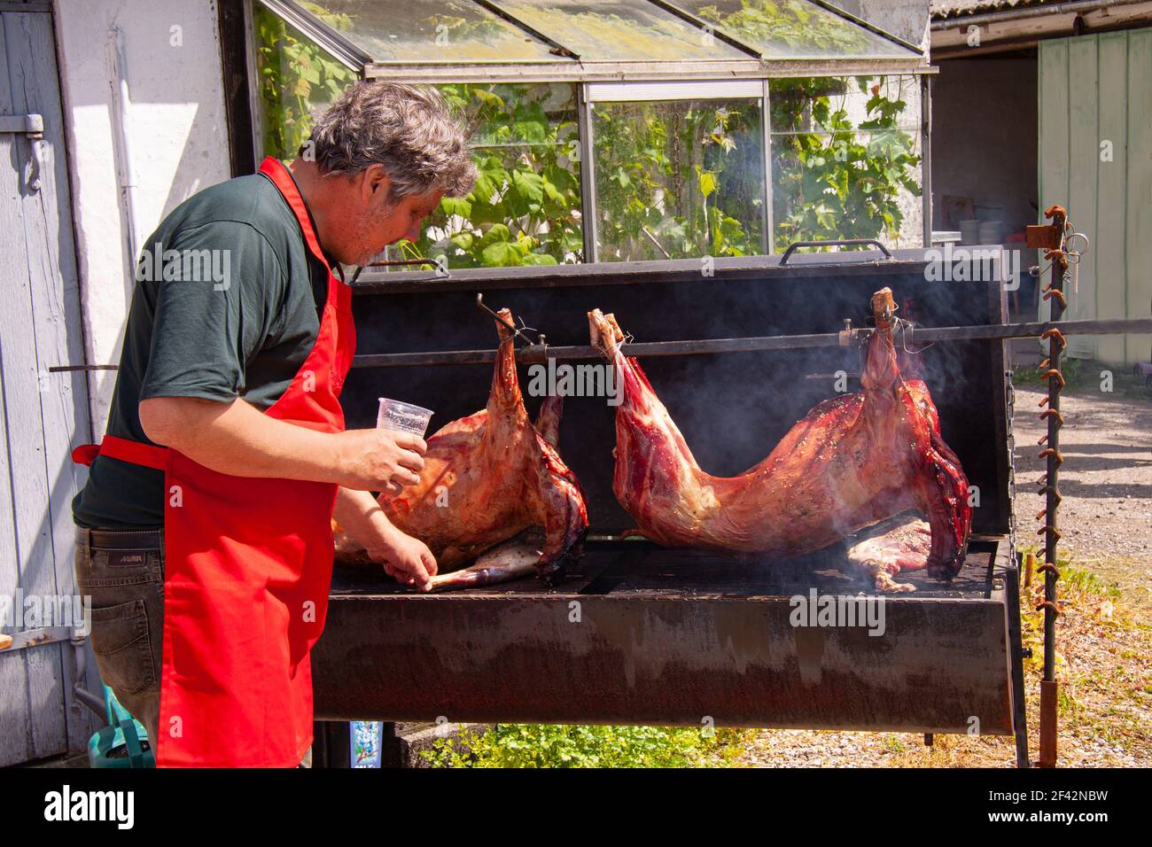 Homme avec un tablier rouge torréfaction lente de deux cochons entiers un gril Banque D'Images