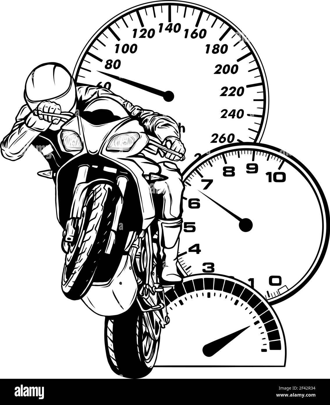 Dessinez en noir et blanc de la moto avec le vecteur pilote. Courses de moto sur route Illustration de Vecteur