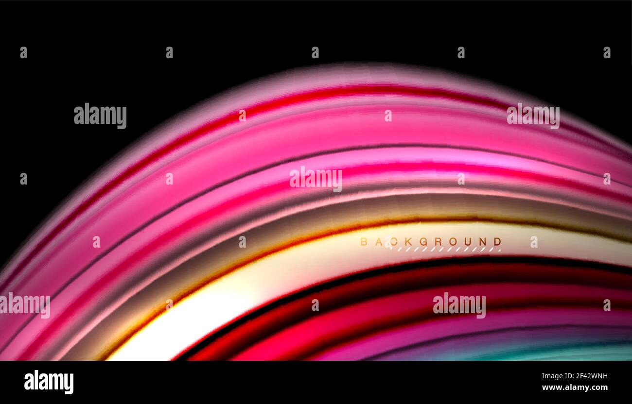 Lignes ondulées abstraites rayures de couleur fluide. Lignes d'ondes abstraites bandes de couleur fluide sur fond noir. Illustration artistique vectorielle pour la présentation, le papier peint de l'application, la bannière ou l'affiche Illustration de Vecteur