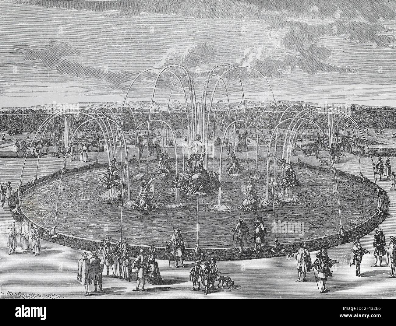 Partie du Parc de Versailles pendant l'époque de Louis XIV Fontaines et la piscine de Latona. Gravure médiévale. Banque D'Images