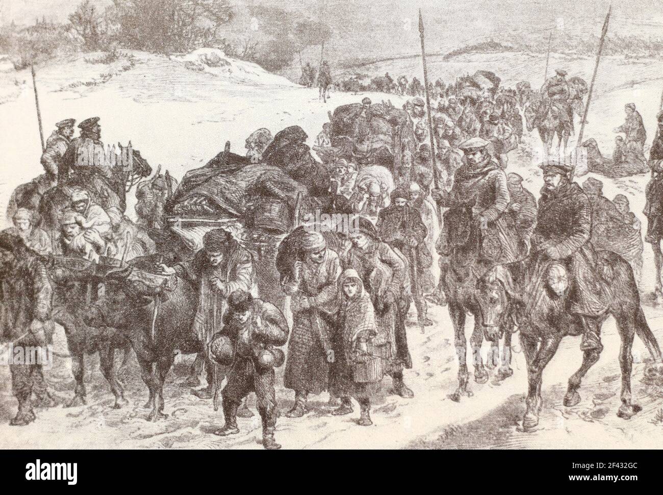 Retour des réfugiés bulgares à domicile sous la protection des soldats russes. Gravure de 1878. Banque D'Images