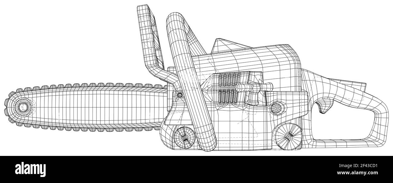 Tronçonneuse. Tronçonneuse à essence professionnelle. Modèle virtuel. Visualisation numérique de la 3d Illustration de Vecteur
