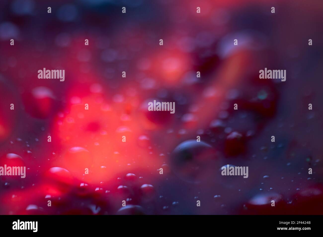 Arrière-plan abstrait sombre et humide. Bleu, violet et rouge feu. Les bulles montent. Arrière-plan flou. Macro Banque D'Images