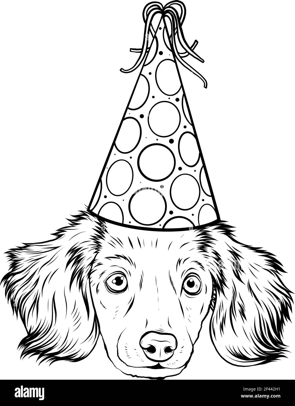 Dessinez en noir et blanc d'UN chiot à la tête mignonne avec chapeau de fête Illustration de Vecteur