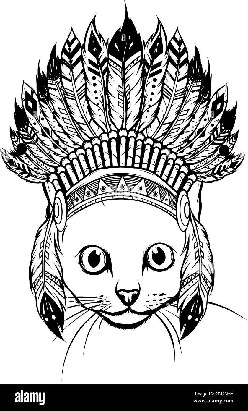 Dessiner en noir et blanc de la tête de Cat avec vecteur chapeau indien Illustration de Vecteur