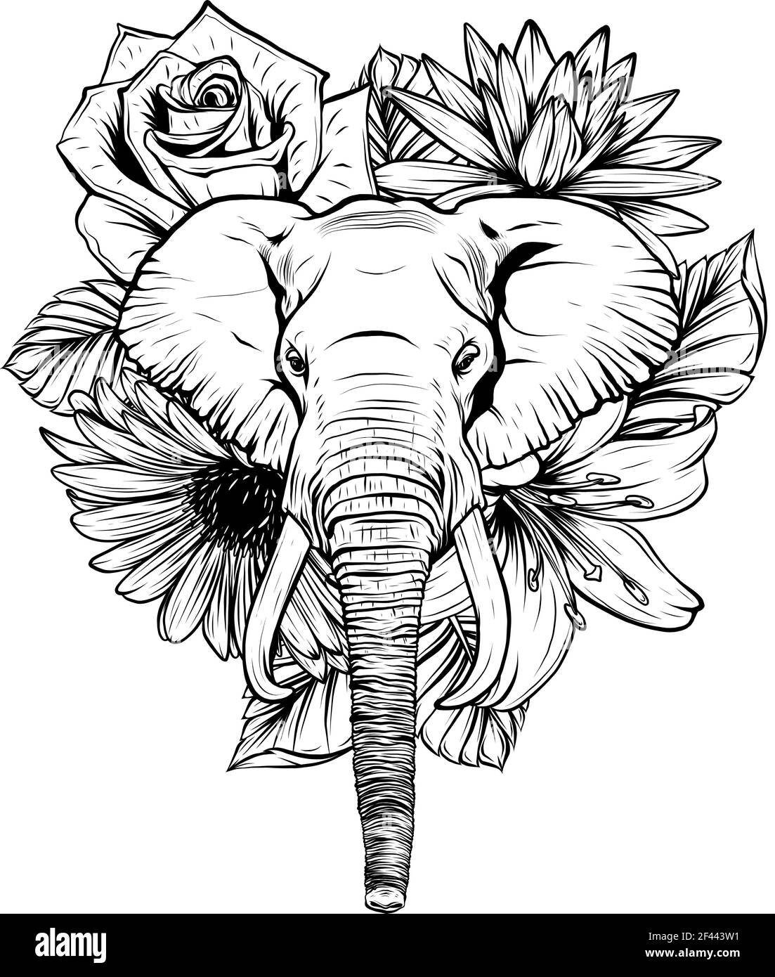 Dessinez en noir et blanc de l'illustration vectorielle de l'éléphant de tête avec fleur. Illustration de Vecteur