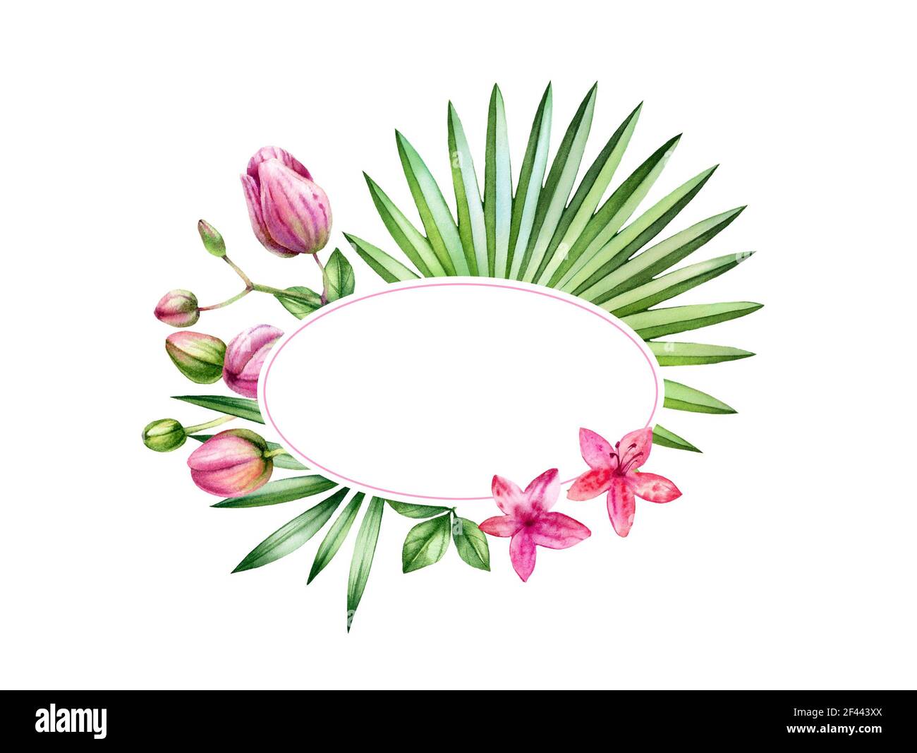 Bannière florale aquarelle. Cadre ovale avec emplacement pour le texte. Fleurs d'orchidées roses et feuilles de palmier. Arrière-plan tropical peint à la main pour le logo et les cartes Banque D'Images