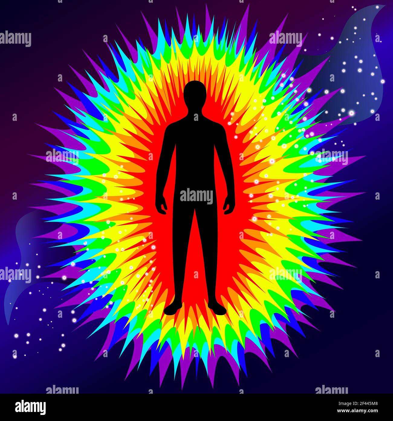 L'aura du corps. Couches de couleur arc-en-ciel marquées du corps masculin. Couche éthérique, émotionnelle, métallique, astrale, céleste et causale.Illustration Banque D'Images