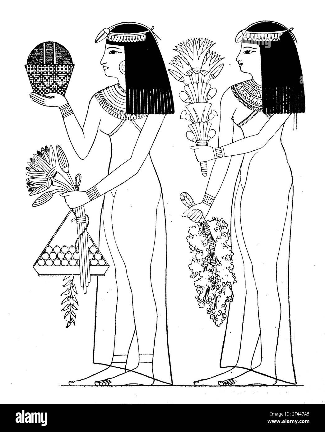 Egypte ancienne, femme apportez les dieux fleurs et fruits, 10e dynastie, Thèbes, Histoire de la mode, histoire de costume / Altägitten, Frau bringt den Göttern Blumen und Früchte, 10. Dynastie, Theben, Geschichte der mode, Historisch, historique, Digital reproduction améliorée d'un original du 19ème siècle / digitale Reproduktion einer Originalvorlage aus dem 19. Jahrhundert, Banque D'Images