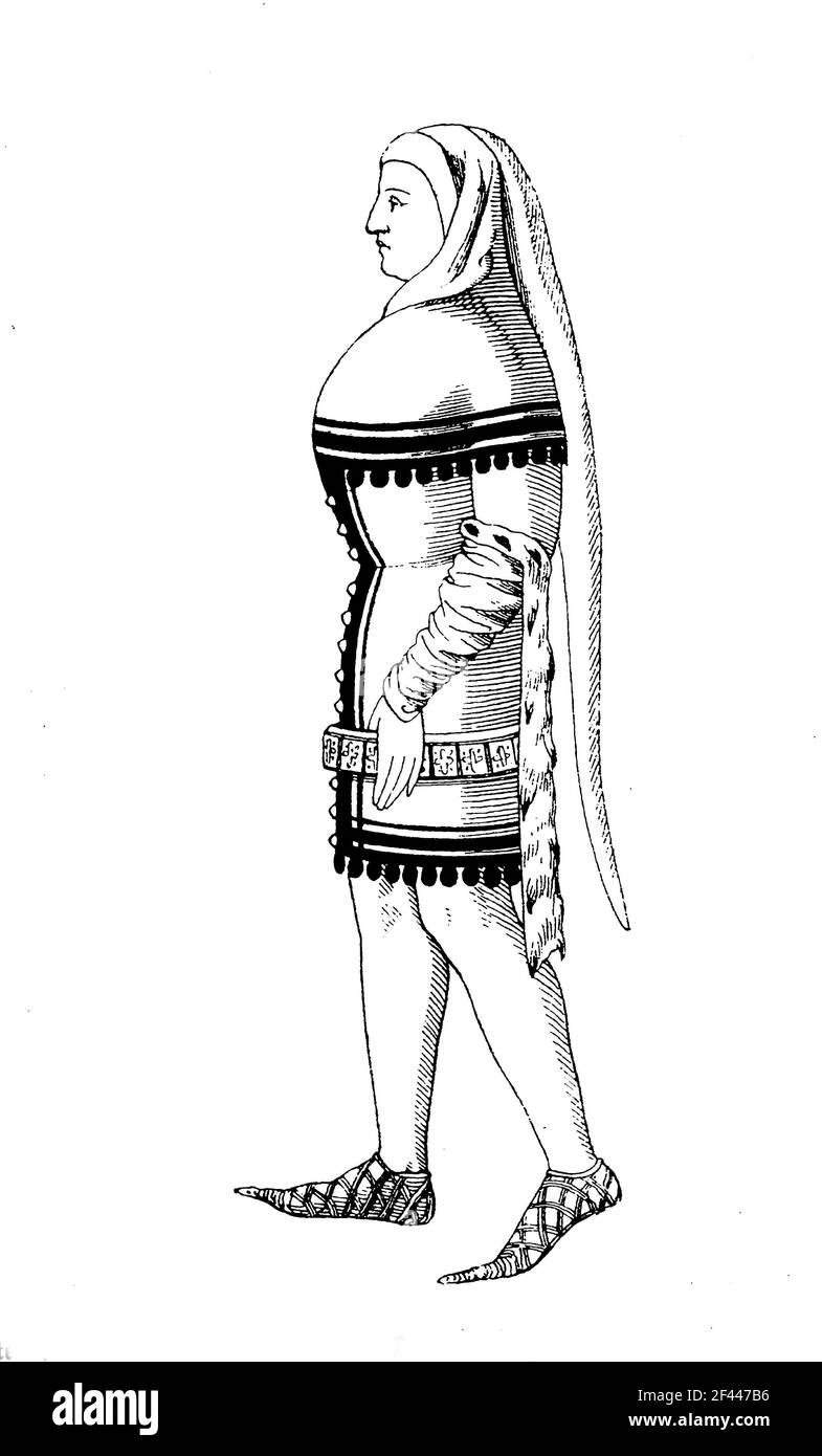 Costume d'homme noble avec Gugel, UN gugel était un type de capot avec un point de fuite, populairement porté en Allemagne médiévale, et la ceinture de suspension, france, vers 1365, Histoire de la mode, Histoire de costume / Adelige Männertracht mit Gugel, Eine Gugel war eine Art Kapuze mit nachlaufender Spitze, die im mittelalterlichen Deutschland gerne getragen wurde, und hängendem Gürtel, Frankreich, UM 1365, Modegeschichte, Kostümgeschichte, Historisch, historique, numérique reproduction améliorée d'un original du 19ème siècle / digitale Reproduktion einer Originalvorlage aus dem 19. Jahrhundert, Banque D'Images