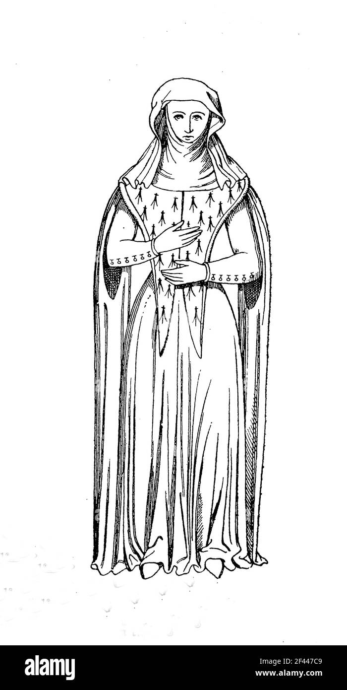 Noble française dame en l'an 1350, Histoire de la mode, histoire de costume / edle französische Dame im Jahr 1350, Modegeschichte, Kostümgeschichte, Historisch, historique, Digital reproduction améliorée d'un original du 19ème siècle / digitale Reproduktion einer Originalvorlage aus dem 19. Jahrhundert, Banque D'Images