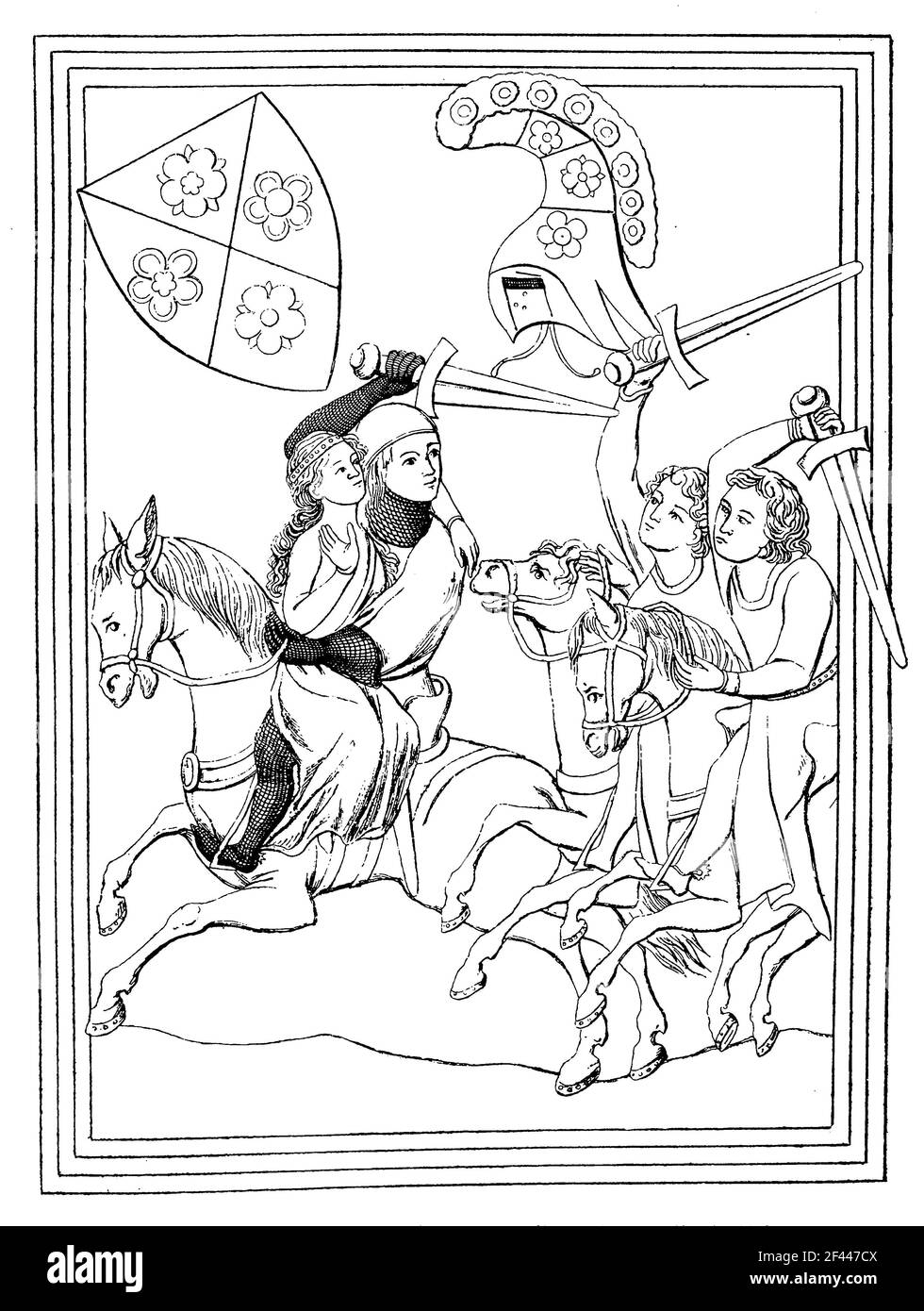 Scène d'enlèvement, costume droit, 1300, Histoire de la mode, Histoire du costume / Entführungszene, Ritterkostüm, 1300, Geschichte der mode, Kostümgeschichte, Historisch, historique, numérique reproduction améliorée d'un original du 19ème siècle / digitale Reproduktion einer Originalvorlage aus dem 19. Jahrhundert, Banque D'Images