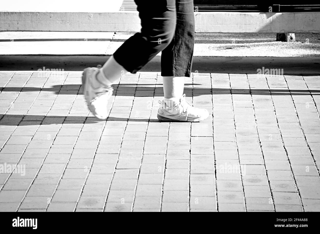 Femme jambes marche dans des chaussures de sport - effet monochrome Banque D'Images