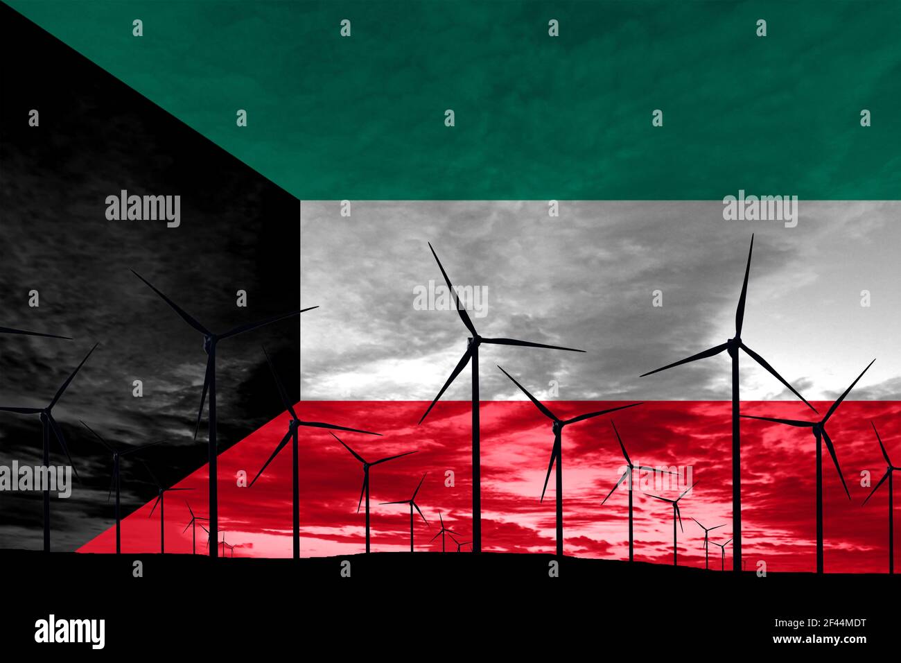 Pavillon du Koweït parc éolien au coucher du soleil, développement durable, énergies renouvelables éoliennes Banque D'Images