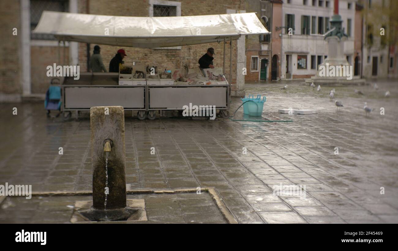 Vue sur la place de Venise avec un stand pour vendre du poisson, une fontaine d'eau potable et des mouettes en arrière-plan Banque D'Images