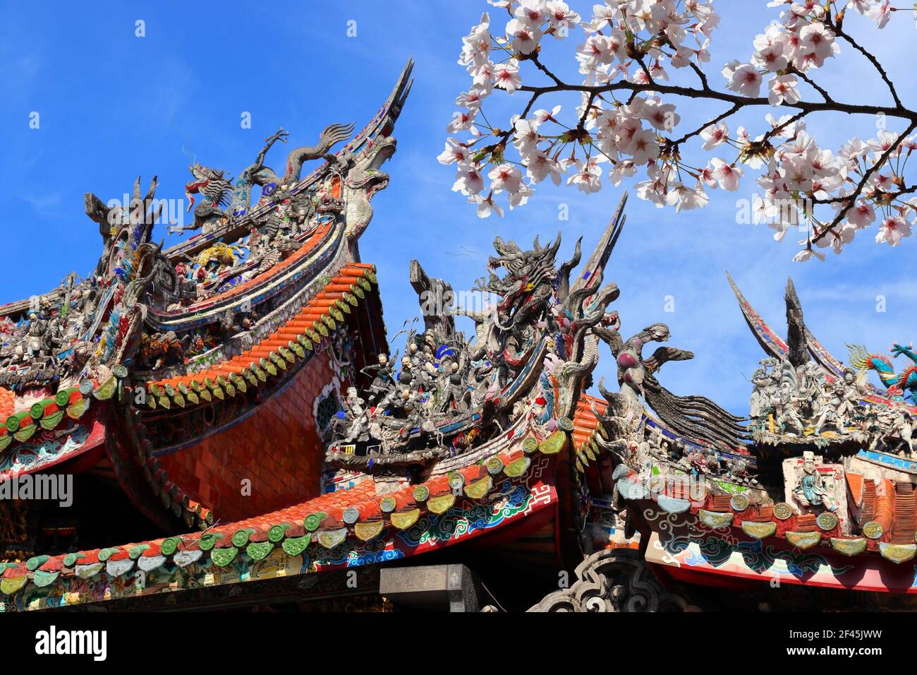 Printemps à Taipei. Le printemps, les cerisiers fleurissent dans le temple de Longshan, à Taipei, à Taïwan. Banque D'Images