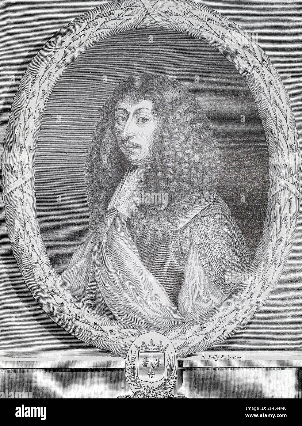 Louis de Bourbon, ou Louis III, Prince de Condé. Gravure de 1660. Louis de Bourbon, ou Louis III, prince de Condé (1668 - 1710), était un prince du sang comme membre de la Maison régnante de Bourbon à la cour française de Louis XIV Né en 1709, il succéda à son père comme prince de Condé, mais il était encore connu sous le titre ducal. Il a été prince pendant moins d'un an. Banque D'Images