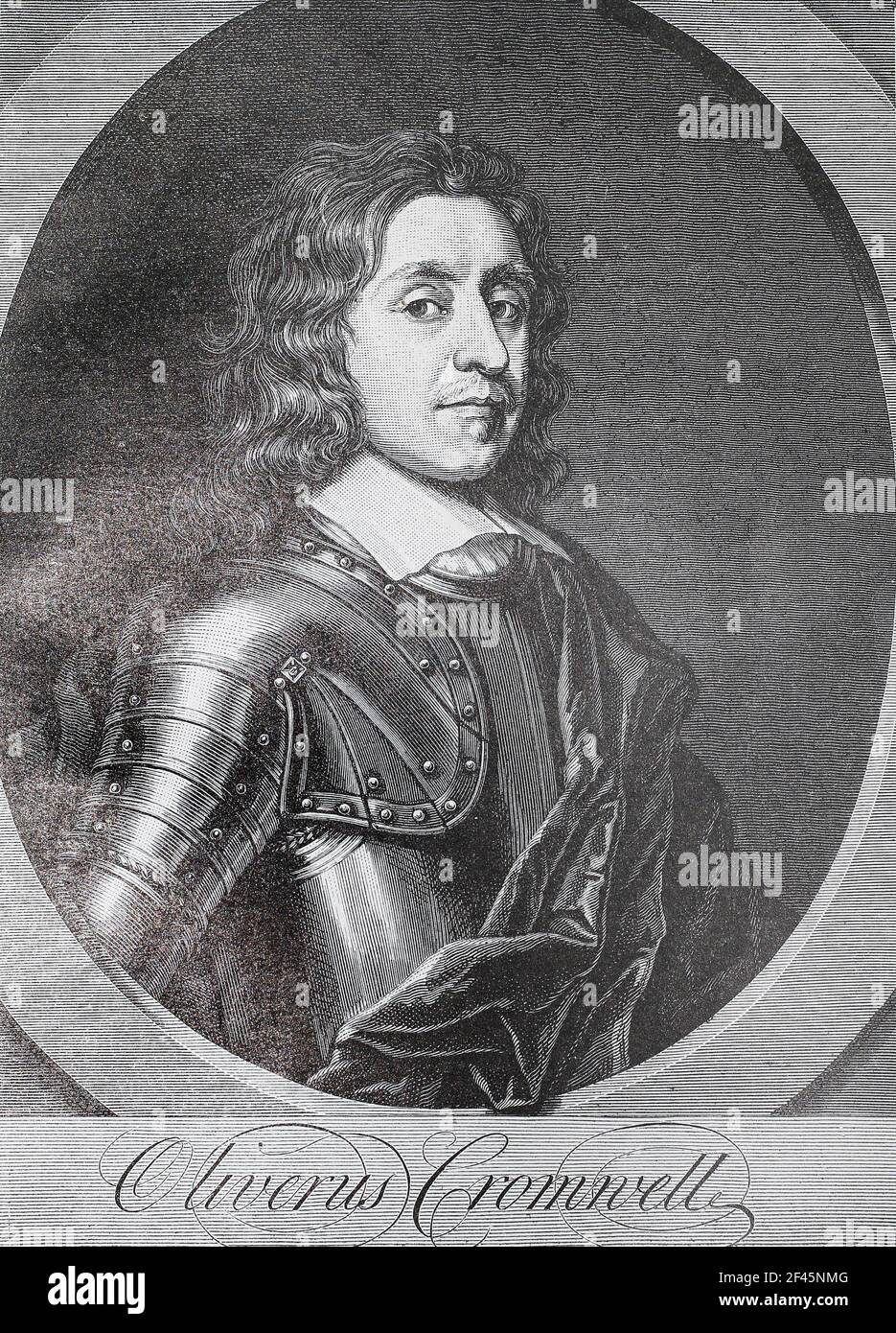 Oliver Cromwell. Gravure de 1723. Oliver Cromwell (1599 – 1658) était un général et homme d'État anglais qui, d'abord comme subordonné et plus tard comme commandant en chef, dirigeait des armées du Parlement d'Angleterre contre le roi Charles I pendant la guerre civile anglaise, Par la suite, les îles britanniques ont été gouvernées comme Lord Protector de 1653 jusqu'à sa mort en 1658. Il a agi simultanément en tant que chef de l'État et chef du gouvernement du nouveau commonwealth républicain. Banque D'Images