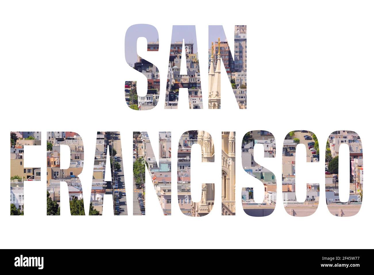 San Francisco, Californie - signe du nom de la ville avec photo en arrière-plan. Isolé sur blanc. Banque D'Images