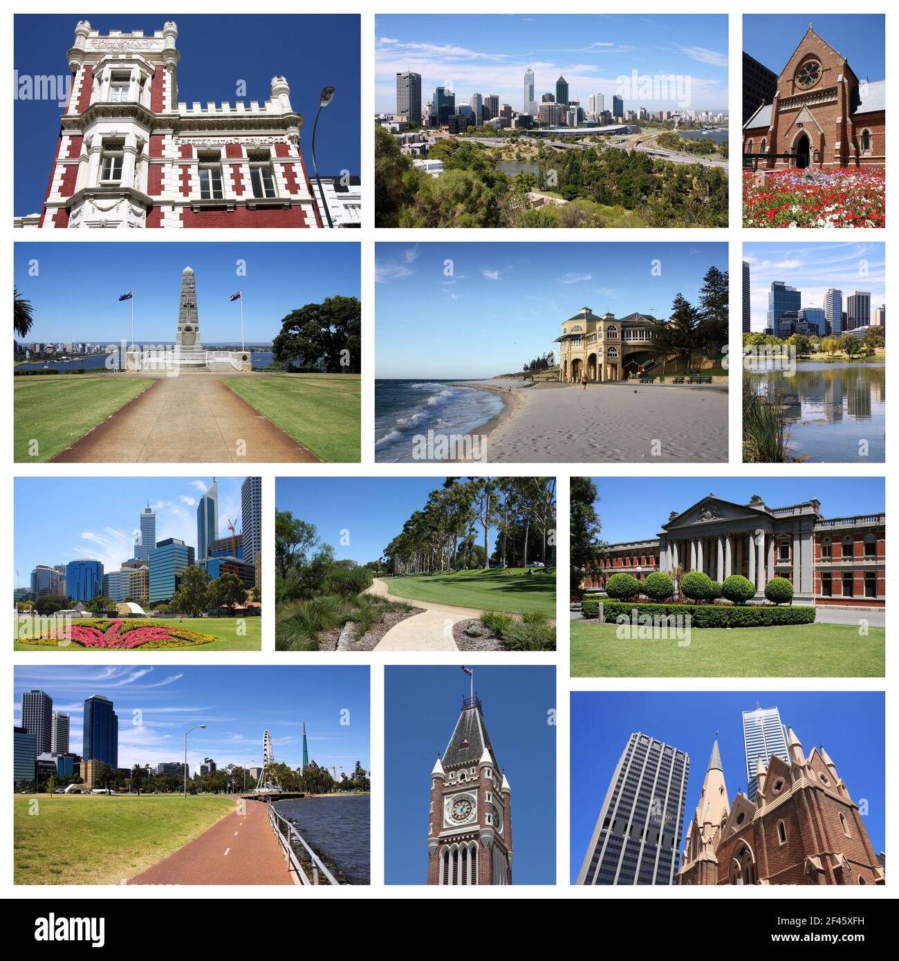 Perth, Australie - Voyage collage avec les lignes de ciel de la ville et les points de repère. Banque D'Images